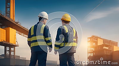 Rear view of supervisors and construction workers discussing at project site Stock Photo