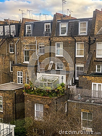 Rear view of terraced brick houses in Kensington, London, with greenhouse Stock Photo