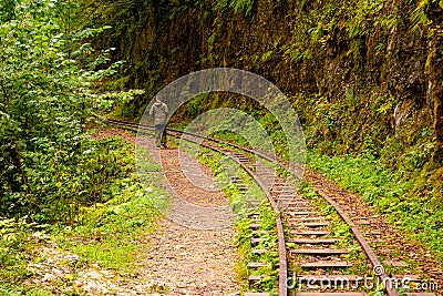 Rear view of tourist in camouflage enjoying amazing beauty of nature. Excursion on old narrow railroad in mountain region Editorial Stock Photo