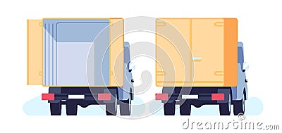 Rear view of truck with doors closed and open. Delivery service. Cargo shipping. Freight shipment. Lorry loading Vector Illustration