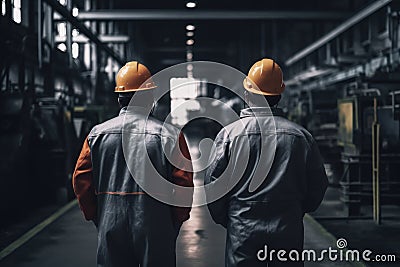 Rear view of two factory workers in hardhats looking at each other, Industrial workers full rear view working on Industrial space Stock Photo