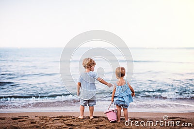 Rear view of two toddler children playing on sand beach on summer holiday. Stock Photo