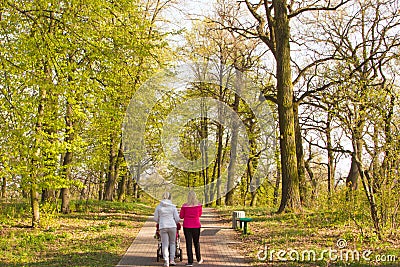 Rear view at two young girls walking and talking at spring oak park Editorial Stock Photo