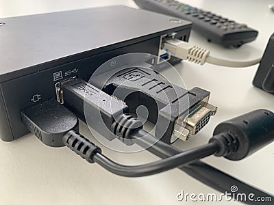 Rear view from a USB laptop docking station, ports to connect to various peripherals Stock Photo