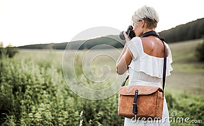 A rear view of woman with camera in nature, taking photographs. Copy space. Stock Photo