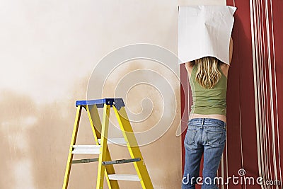Rear View Of Woman Hanging Wallpaper Stock Photo