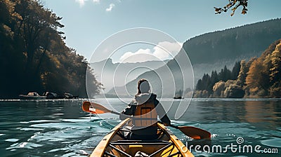 Rear view of woman riding canoe in stream with background of beautiful landscape Stock Photo
