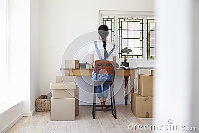 Rear View Of Woman Running Business From Home Dispatching Goods Stock Photo