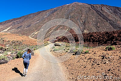 Rear view on woman walking on panoramic hiking trail leading to Pico del Teide in volcano Mount Teide National Park, Tenerife Stock Photo