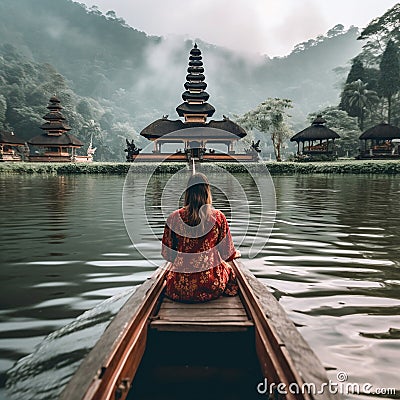 Rear view of a woman on a wood boat Generative AI Stock Photo