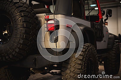 Rear view of a 4x4 SUV off road vehicle at exhibition of the Fair Izmir Gaziemir Turkey Editorial Stock Photo