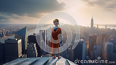 Rear view of young boy on top of skycraper dreaming of becoming a superhero. Stock Photo