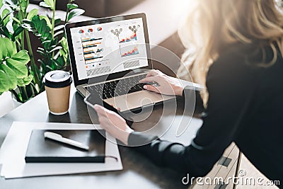 Rear view. Young businesswoman is working on laptop with graphs, charts, diagrams, schedules on screen. Online marketing Stock Photo