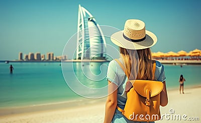 Rear view Young girl with backpack in a hat standing looks into the Burj Al Arab, United Arab Emirates Stock Photo