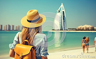 Rear view Young girl with backpack in a hat standing looks into the Burj Al Arab, United Arab Emirates Stock Photo