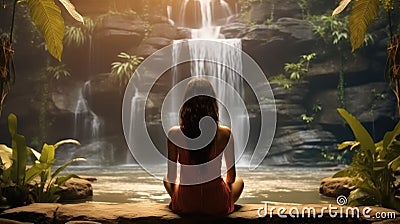 Rear view, Young girl yoga practice in a garden with waterfall background Stock Photo