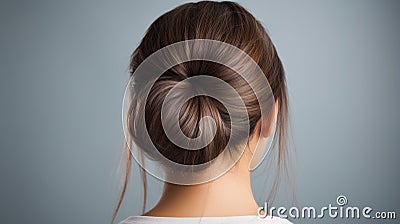 Rear view of young woman elegant bun hairstyle, grey background, copy space Stock Photo