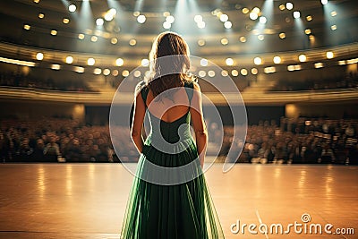 Rear view of a young woman in a green dress standing in front of a stage in a theater, Back view of a girl in a green evening Stock Photo