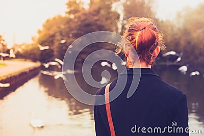 Rear view of young woman looking at birds by a river Stock Photo