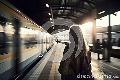 Rear view at young woman at train station with fast moving trains, created with generative AI Stock Photo