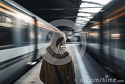 Rear view at young woman at train station with fast moving trains, created with generative AI Stock Photo