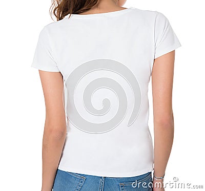 Rear View Of Young Woman Wearing Blank White Tshirt Stock Photo