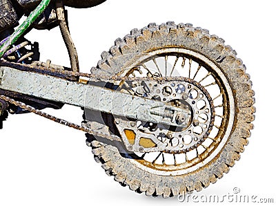 Rear wheel motorcycle for trial covered with mud Stock Photo