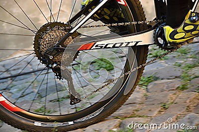Rear wheel mountain bike during the race Prague Stairs Editorial Stock Photo