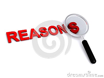 Reasons with magnifying glass on white Stock Photo