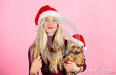 Reasons to love christmas with pets. Ways to have merry christmas with pets. Girl attractive blonde hold dog pet pink Stock Photo