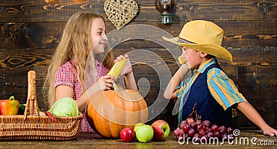 Reasons why every child should experience farming. Held responsible for daily farm chores. Kids farmers girl boy Stock Photo