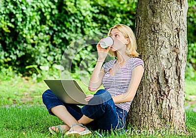Reasons why you should take your work outside. Nature is essential to wellbeing and ability to be productive. Girl work Stock Photo