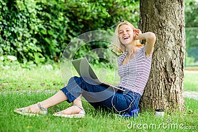 Reasons why you should take your work outside. Work in summer park. Nature is essential to wellbeing and ability to be Stock Photo