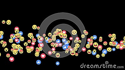 Reações vivas de Facebook - misturadas do emoji das reações em fluir a vídeo em direto no canal alfa Reações vivas de Facebook - misturadas do emoji das reações em fluir a vídeo em direto no canal alfa
