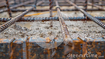 The rebar framework covered in a protective layer to prevent rust and corrosion before the concrete is poured Stock Photo