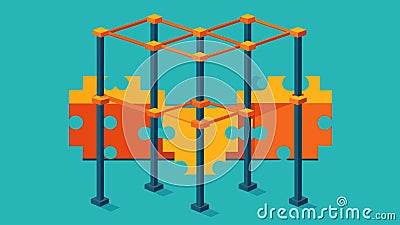 The rebar framework resembles a puzzle as the pieces are strategically p and connected to support the structure.. Vector Vector Illustration