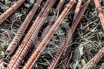 Rebar old rusty twig set close-up building material Stock Photo