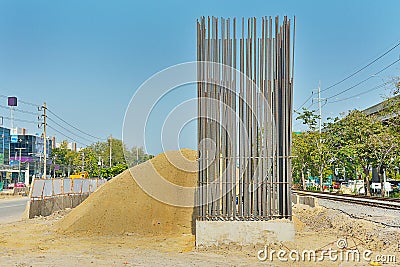 Rebar sticking up out of the building stilts Expressway Stock Photo