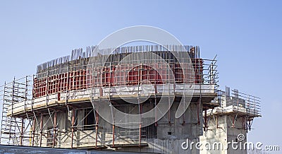 Rebars bars for concrete wall construction of a new building. Construction site. Iron structure ready to be cast with concrete Stock Photo