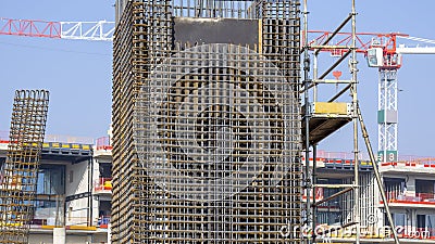 Rebars bars for concrete wall construction of a new building. Construction site. Iron structure ready to be cast with concrete Stock Photo