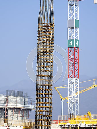 Rebars bars for concrete wall construction of a new building. Construction site. Iron structure ready to be cast with concrete Stock Photo