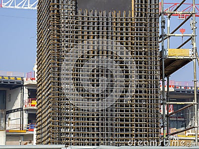 Rebars bars for concrete wall construction of a new building. Construction site. Iron structure ready to be cast with concrete Stock Photo