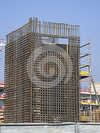 Rebars bars for concrete wall construction of a new building. Construction site. Iron structure ready to be cast with concrete Stock Photo