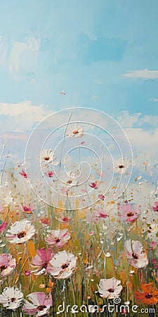 Minimalistic Landscape Painting: White Poppies And Pink Daisies In Turquoise Sky Stock Photo