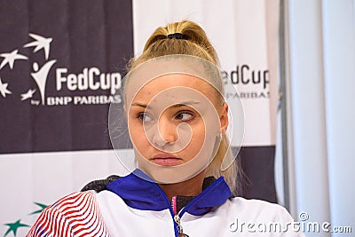 Rebecca Sramkova , Members of Team Latvia and team Slovakia for FedCup , during draw ceremony Editorial Stock Photo