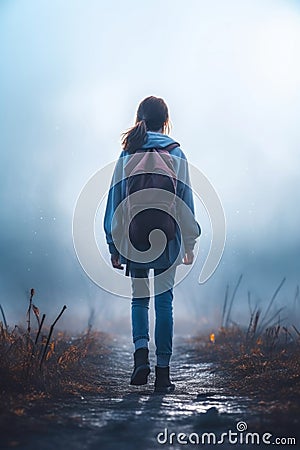 young 10 year old girl alone in the fog. going to school. Stock Photo