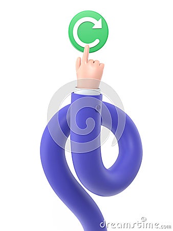 Reboot concept. Restarting technology. Hand to push big red button. 3d illustration flat design.Supports PNG files Cartoon Illustration