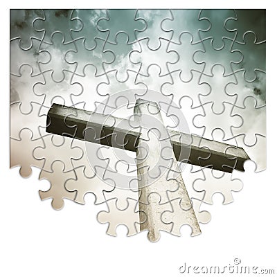 Rebuild or losing our faith - Christian cross concept image in jigsaw puzzle shape Stock Photo