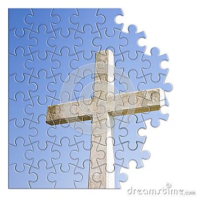 Rebuild or losing our faith - Christian cross concept image in jigsaw puzzle shape Stock Photo