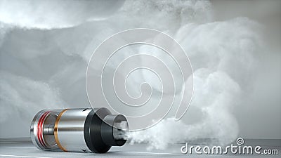 Rebuildable dripping atomizer in vape clouds. 3d render Cartoon Illustration